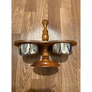 Wood Condiment Caddy Server‎ with Stainless Steel Bowls Kitchen Decor